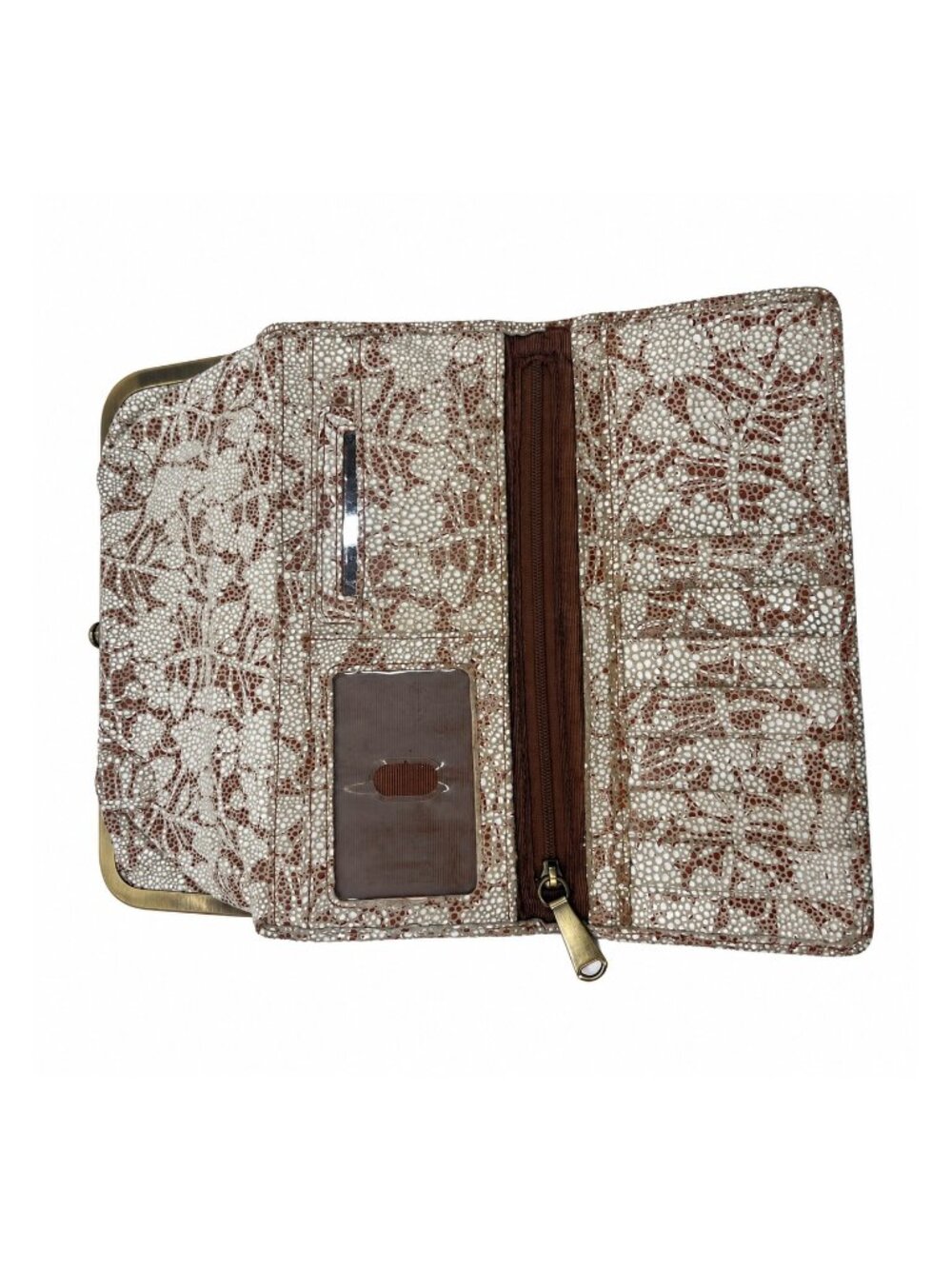 HOBO Lauren Double Frame Clutch Wallet Metallic Floral Leather Gold Brass - Picture 3 of 10